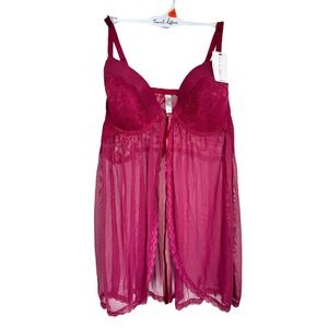 French Affair Women's Babydoll Mesh & Lace Lingerie Sheer Plus Size 2X Burgundy